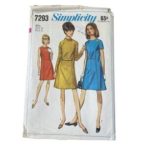 Simplicity 7293 Dress Pattern Size 10 Misses A Line Bust 31 Vintage 1967 CUT